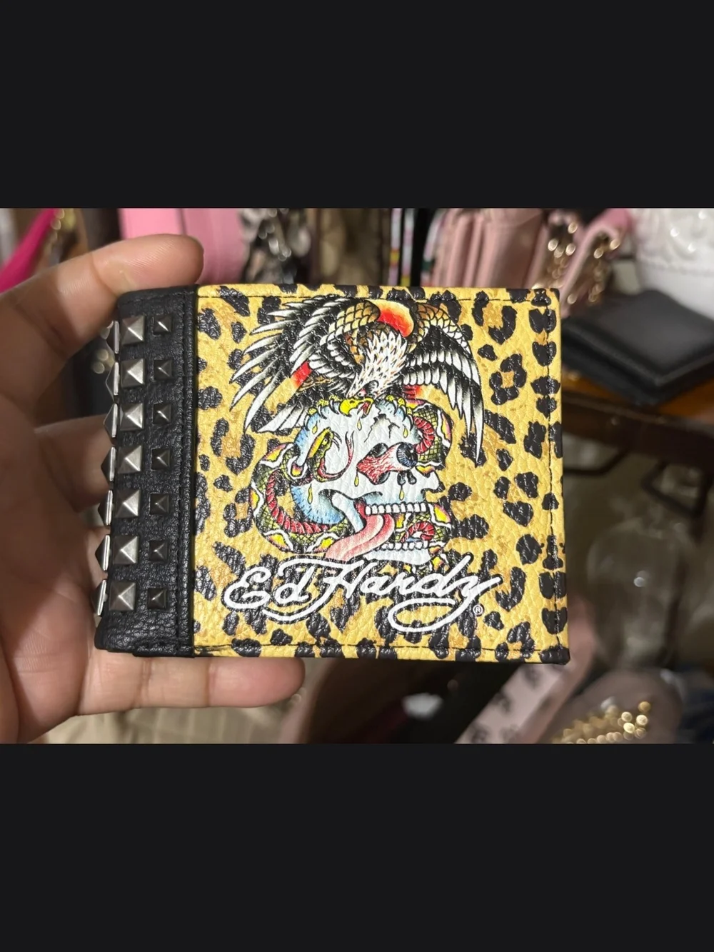 Ed Hardy Leopard Print Studded Bi-Fold Wallet - Yellow